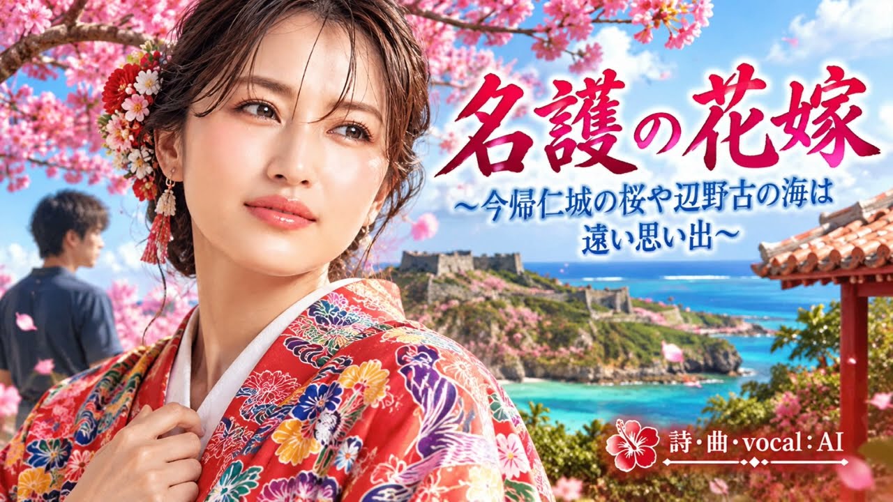 【沖縄民謡動画紹介】（オリジナル曲）名護の花嫁：ゆったりとした沖縄民謡の旋律に、三線、琉球音階を生かしたメロディーを組み合わせ、名護の海辺に響くような、哀愁のある演歌調の沖縄民謡に仕上げました。