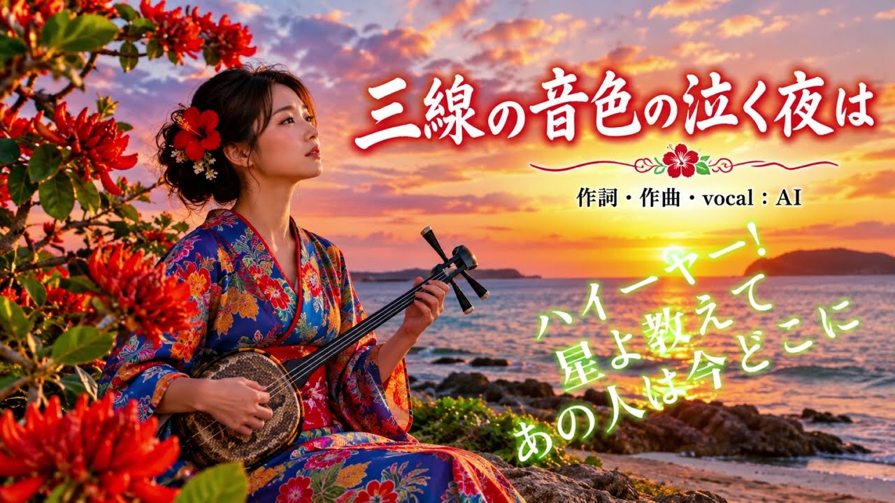 【沖縄民謡動画紹介】（オリジナル曲）：三線の音色の泣く夜は：沖縄の美しい島を舞台に、三線の響きに亡き人、あるいは遠く離れた恋人への思いを重ねた、哀愁漂う島唄です。
